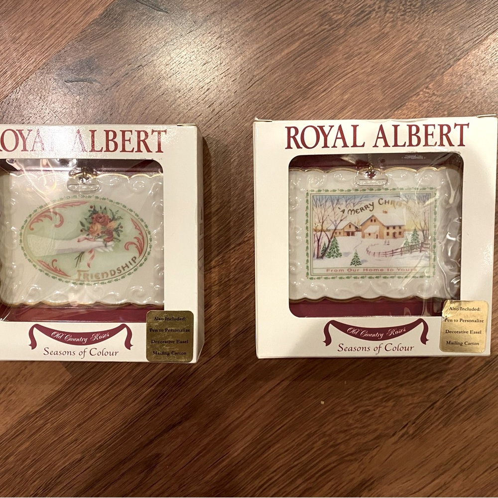 Set of Two NIB Royal Albert Old Country Rose OCR Christmas Postcard Ornaments